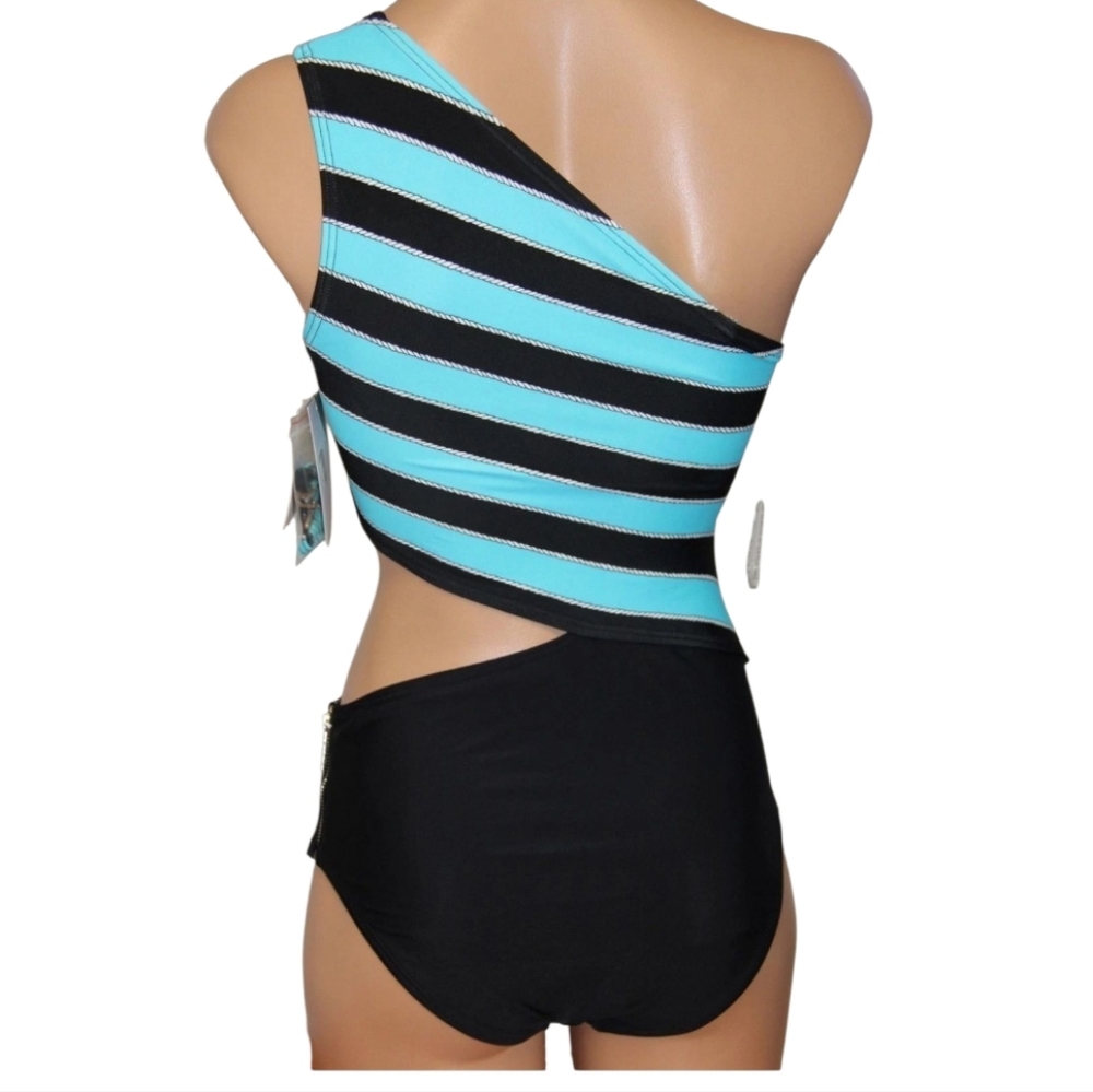 NWT MICHAEL Michael Kors Rope Rugby Stripe One Shoulder Cut Out One Piece 4 - Picture 5 of 9